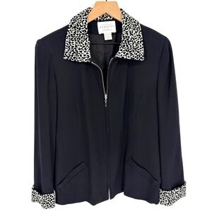 VTG 90s Wool Blend Leopard Collar Coat Petite 11/12 Black Tailored Chic Elevated